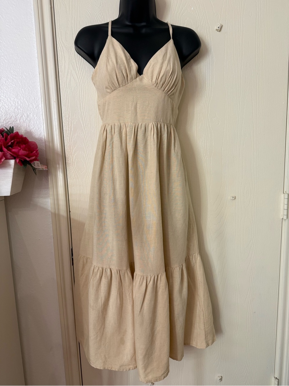 Saja Beige Spaghetti-Strap Maxi Dress